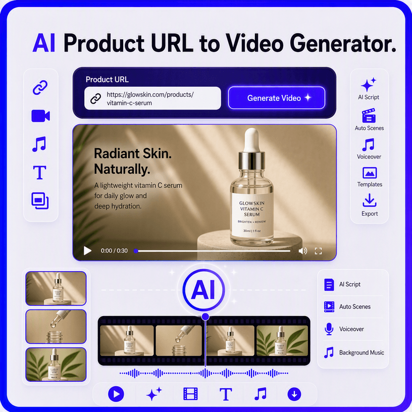 AI Product URL to Video Generator – Convert Any Link, Webpage, Blog, or Product URL into a Video. AI Product URL to Video Generator – Convert Any Link, Webpage, Blog, or Product URL into a Video.